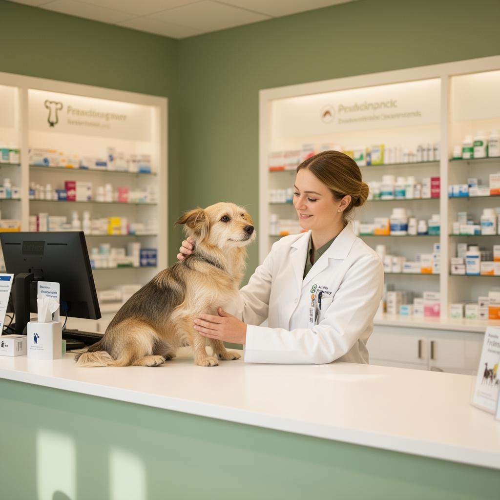 Farmacéutica veterinaria atendiendo a un perro en Farmanimals Granada